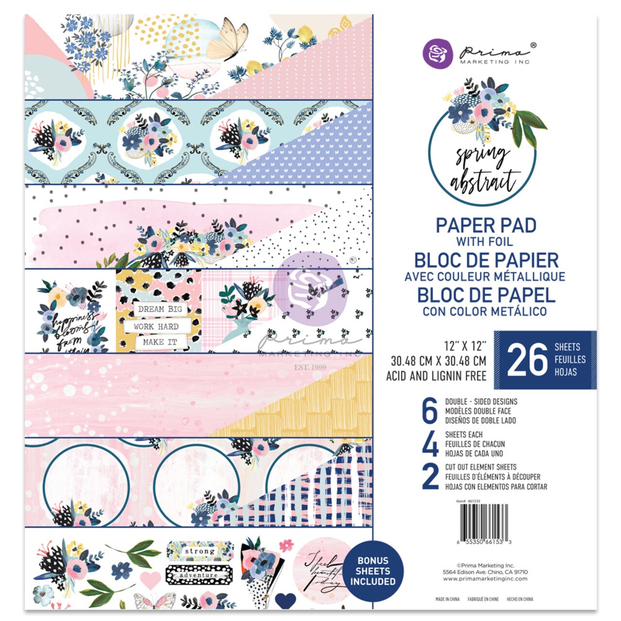 Spring Abstract Collection 12x12 Pad - 26 sheets w foil- 6 double sided designs x 4 sheets each + 2 cut-out sheets paper pad